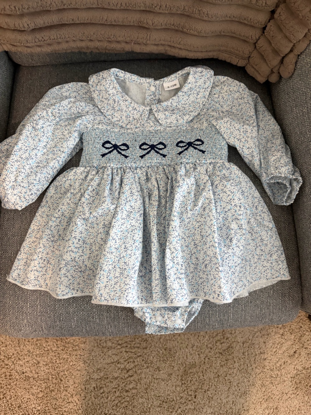 Amazon Baby Blue Floral Smocked Dress with Navy Bow Accents